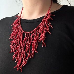 Bright red orange coral style beaded statement necklace